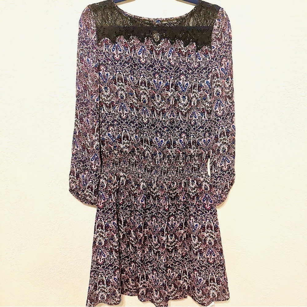 Joie Silk Black and Purple Long Sleeve Mini Dress size Small EUC